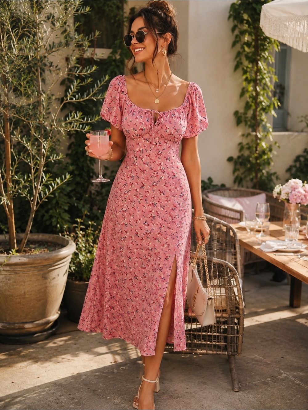 SHEIN Pink Floral Cottagecore Midi Dress Puff Sleeve Milkmaid Side Slit Size L
